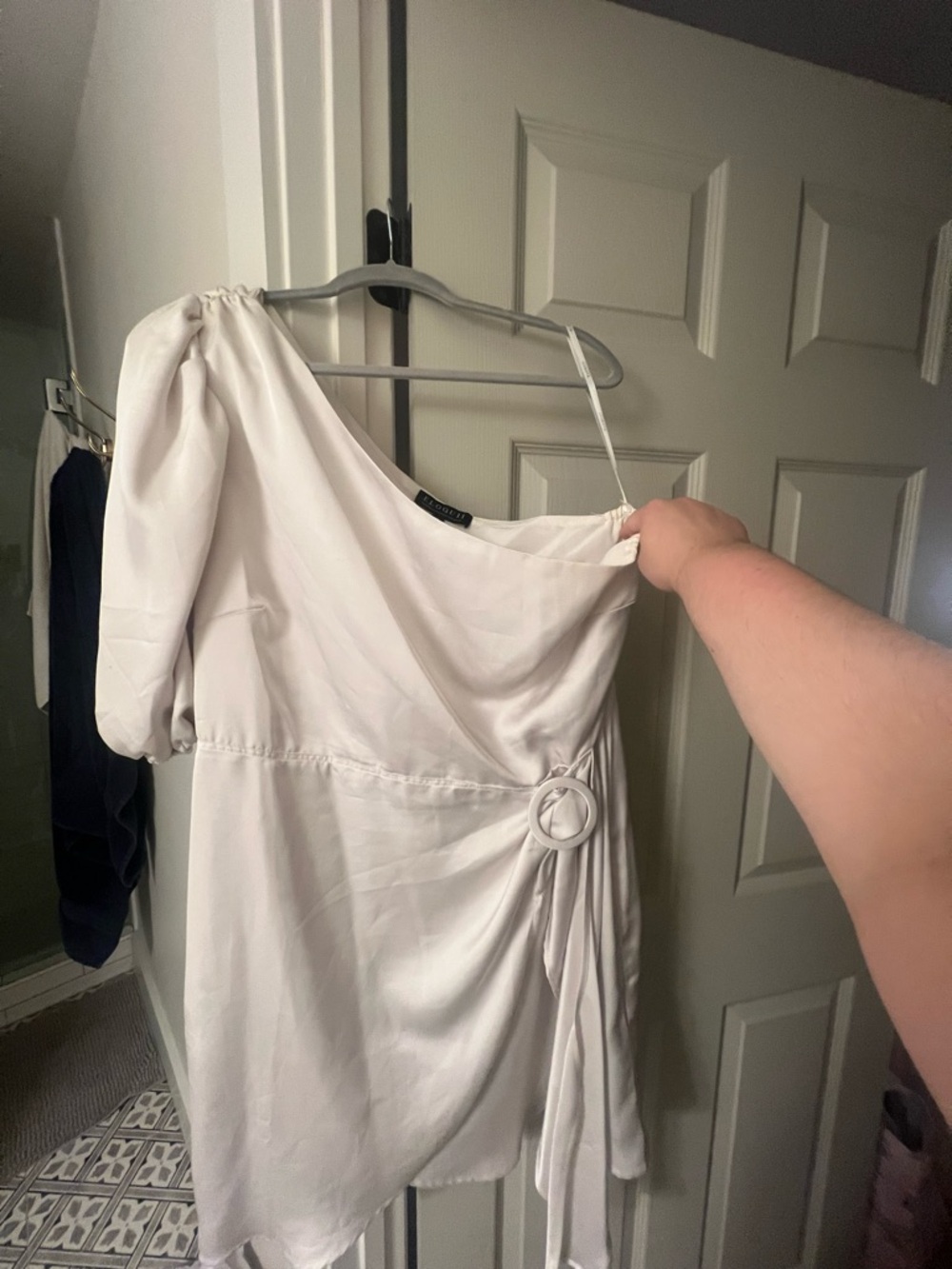 Eloquii One-Shoulder White Mini Dress with Side Ring Detail